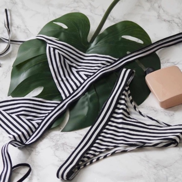 Black White Striped Triangle Bikini Swimsuit - Picture 3 of 3
